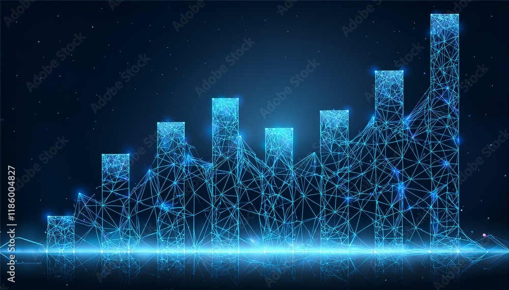 Poster abstract image of a growth chart in glowing blue. low polygon or low poly design. particle,