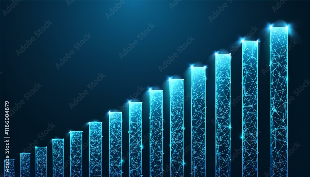 Poster abstract image of a growth chart in glowing blue. low polygon or low poly design. particle,