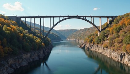 Obraz premium Bridge arching over river with colorful autumn foliage on mountains under clear sky