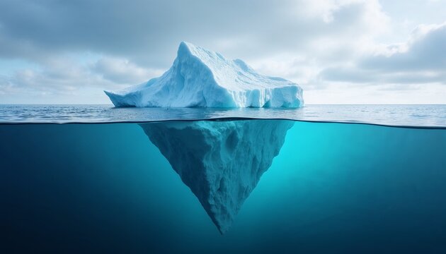 Iceberg floating in clear water with reflection under cloudy sky