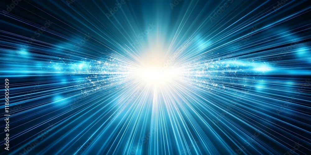 Poster a burst of light radiating from a central point, surrounded by streaks of blue and sparkling particl