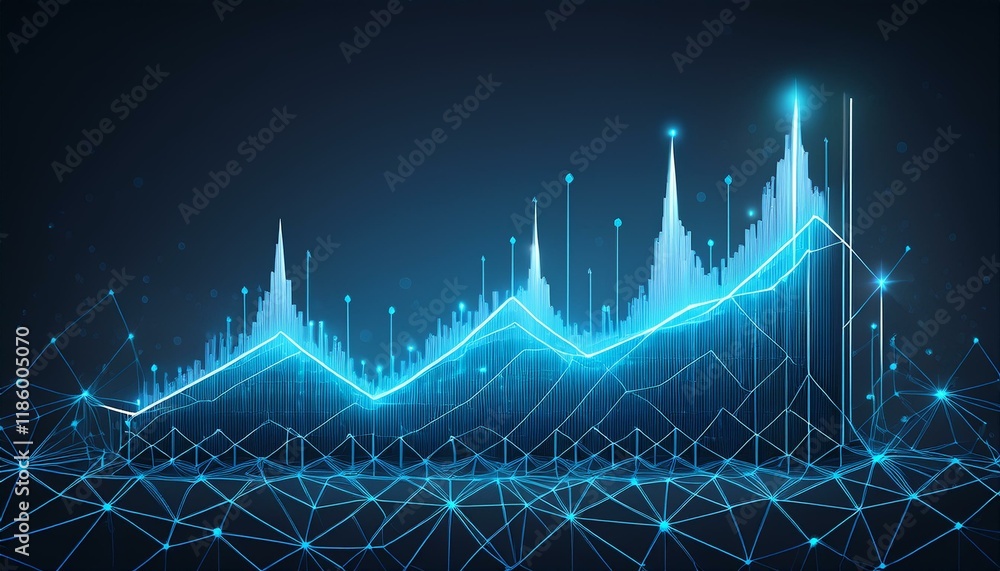 Poster abstract image of a growth chart in glowing blue. low polygon or low poly design. particle,