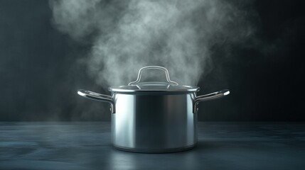 Cooking pot with boiling fog on black background