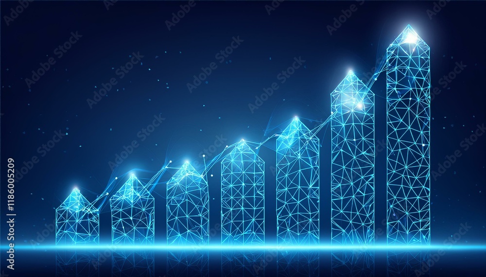 Poster abstract image of a growth chart in glowing blue. low polygon or low poly design. particle,