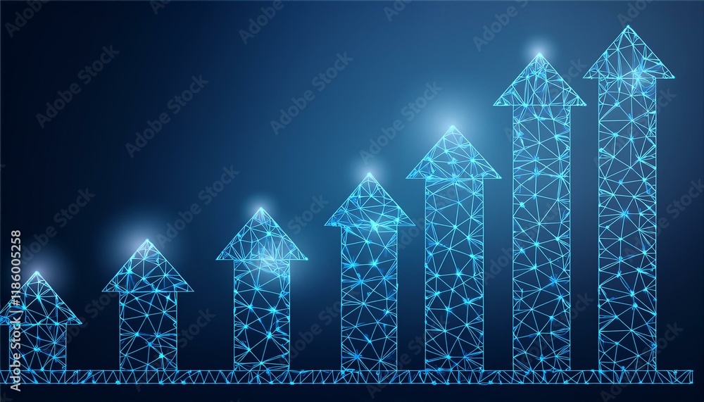 Poster abstract image of a growth chart in glowing blue. low polygon or low poly design. particle,