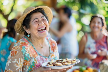 Joyful Family Matriarch: A vibrant Hispanic woman laughing while holding a plate of food at an outdoor family gathering. AI generative
