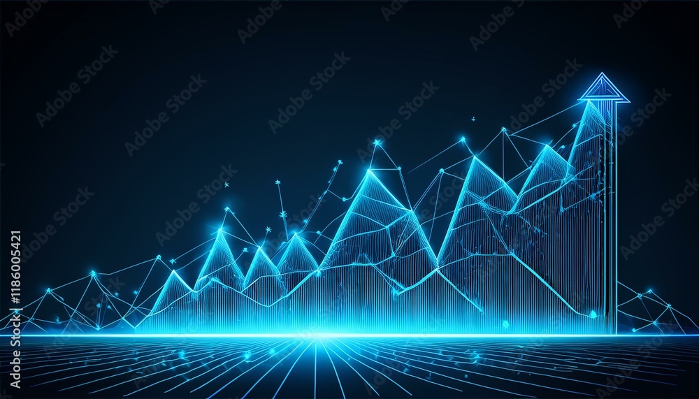 Poster abstract image of a growth chart in glowing blue. low polygon or low poly design. particle,