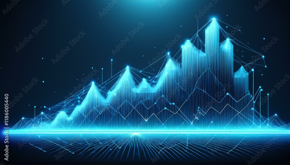 Poster abstract image of a growth chart in glowing blue. low polygon or low poly design. particle,