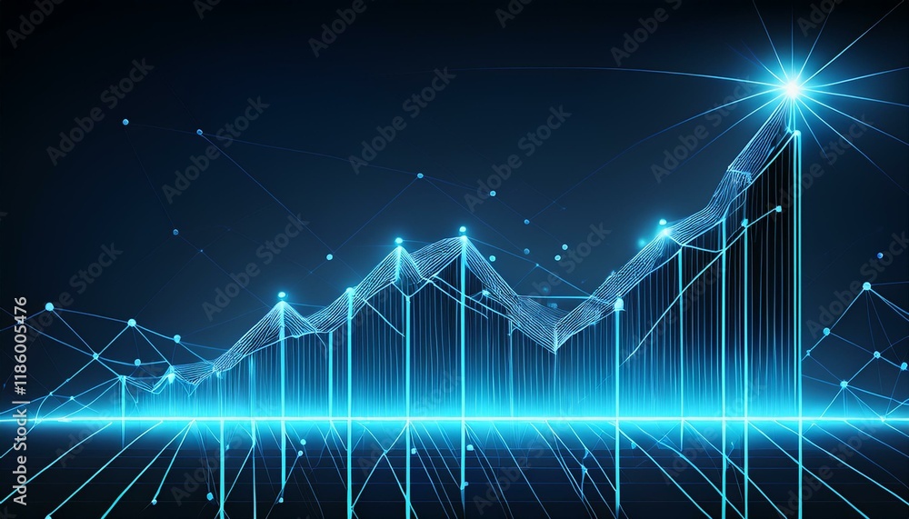 Poster abstract image of a growth chart in glowing blue. low polygon or low poly design. particle,