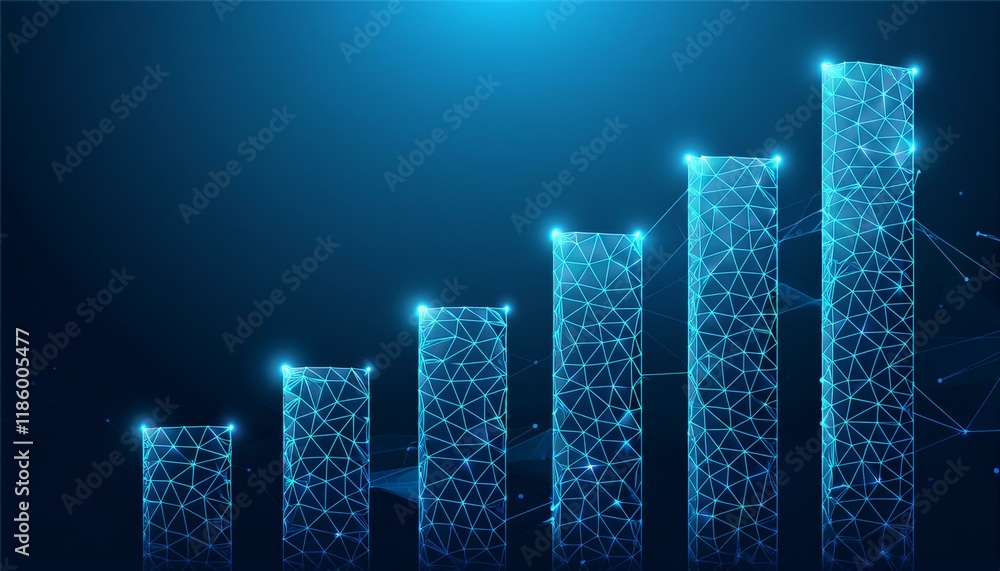 Poster abstract image of a growth chart in glowing blue. low polygon or low poly design. particle,