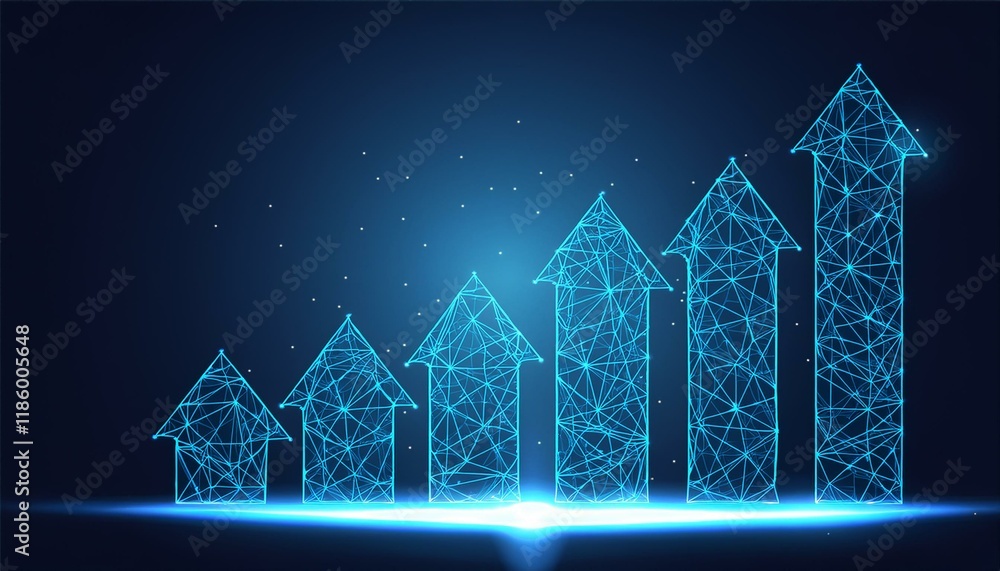 Poster abstract image of a growth chart in glowing blue. low polygon or low poly design. particle,
