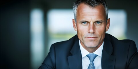 A serious-looking man in a suit with short gray hair and blue eyes, set against a softly blurred background. Concept Professional Attire, Sharp Features, Intense Expression, Blurred Background