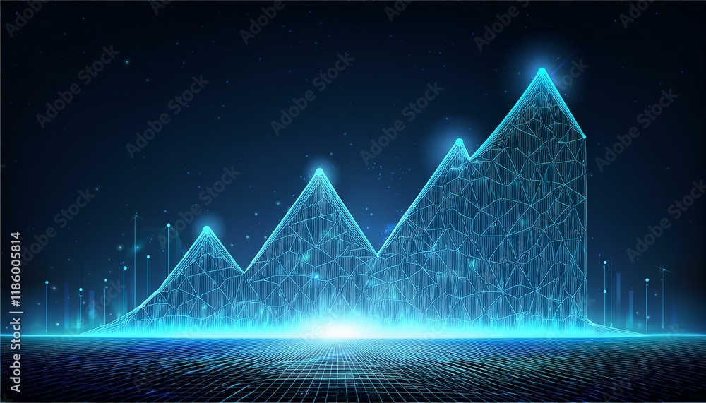 Poster abstract image of a growth chart in glowing blue. low polygon or low poly design. particle,