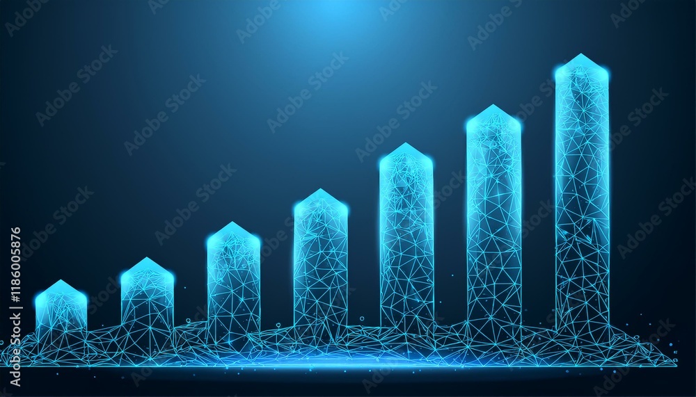 Poster abstract image of a growth chart in glowing blue. low polygon or low poly design. particle,