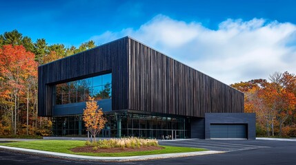 Fototapeta premium Nestled among autumn's vibrant trees, a contemporary wooden home featuring large windows and a spacious front porch beautifully combines natural beauty with modern architecture