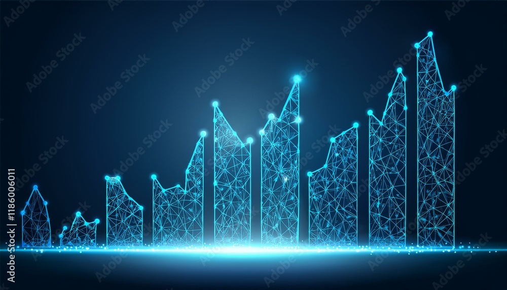 Poster abstract image of a growth chart in glowing blue. low polygon or low poly design. particle,