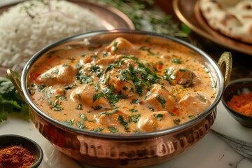 Vibrant Traditional Indian Butter Chicken Served with Rice and Herbs