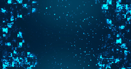 Technology square pieces falling down and moving up grid background. Neon circuit board capacitor ram data transfer. Cloud computing cyberspace concept with empty space in center for placeholder.