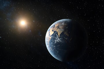 Obraz premium Earth, sun, space, cosmos, sunrise, planet, background, stars, galaxy, illustration, environmental