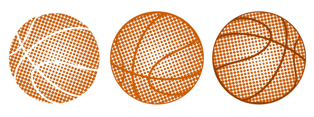 Basketball equipment. Basketball balls set with dotted gradient and lines. Sport orange balls collection. Vector illustration isolated on background © Julisart