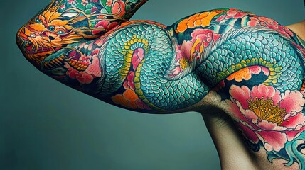 Naklejka premium Close-up of colorful dragon and flower tattoo on a man's arm and shoulder.