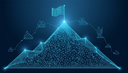 Flag on the top of Mountain form lines, triangles and particle style design. INDEPENDENCE, AUGUST 17, NATIONAL HOLIDAY.