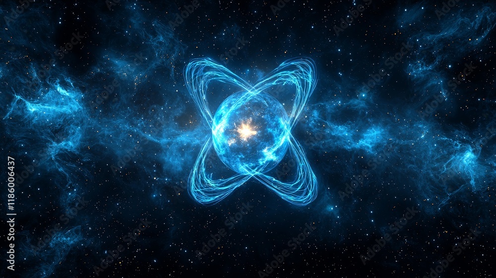 Poster 3d animation showing electrons in rotation