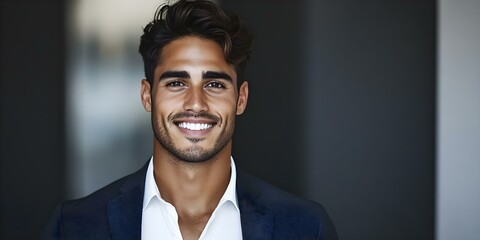 A smiling man in a suit, standing against a blurred background, exuding confidence and approachability. Concept Professional Portrait, Confident Attire, Blurred Background, Approachability