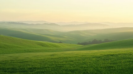 Fototapeta premium Tranquil sunrise over rolling green hills blanketed in morning mist, creating a serene and picturesque landscape. Perfect for themes of peace and natural beauty.