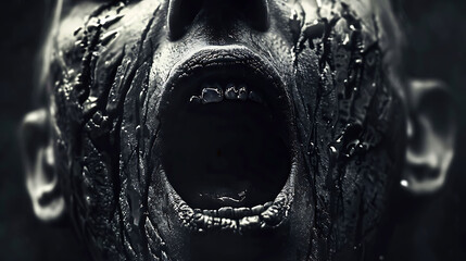 A grotesque face screams in agony showing textured skin