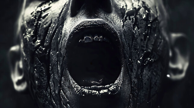 A grotesque face screams in agony showing textured skin