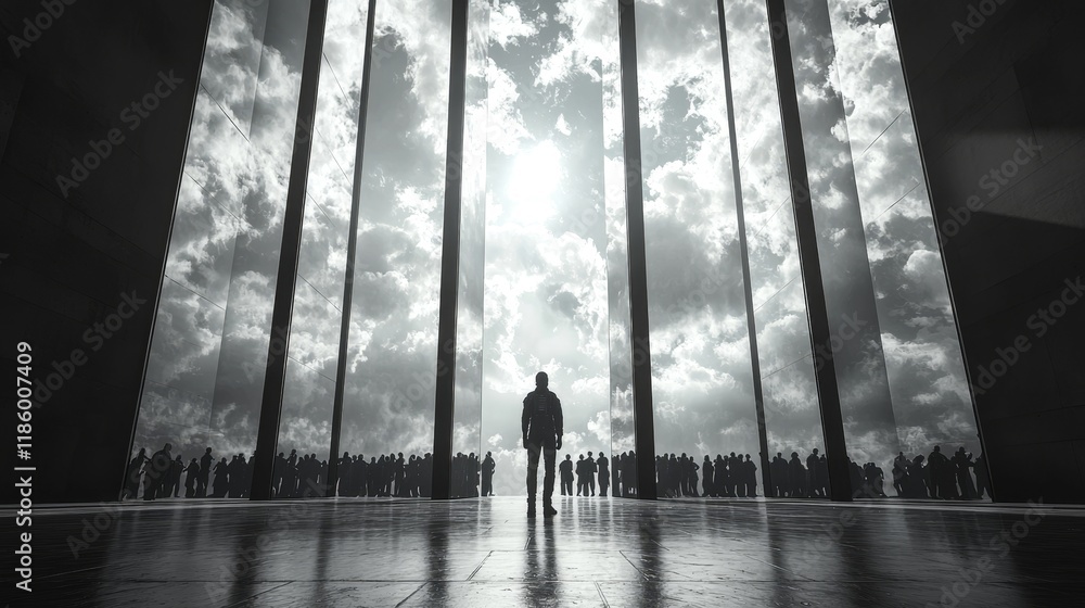 Poster designed for seamless transitions, futuristic transition masks consist of an array of animated monoc