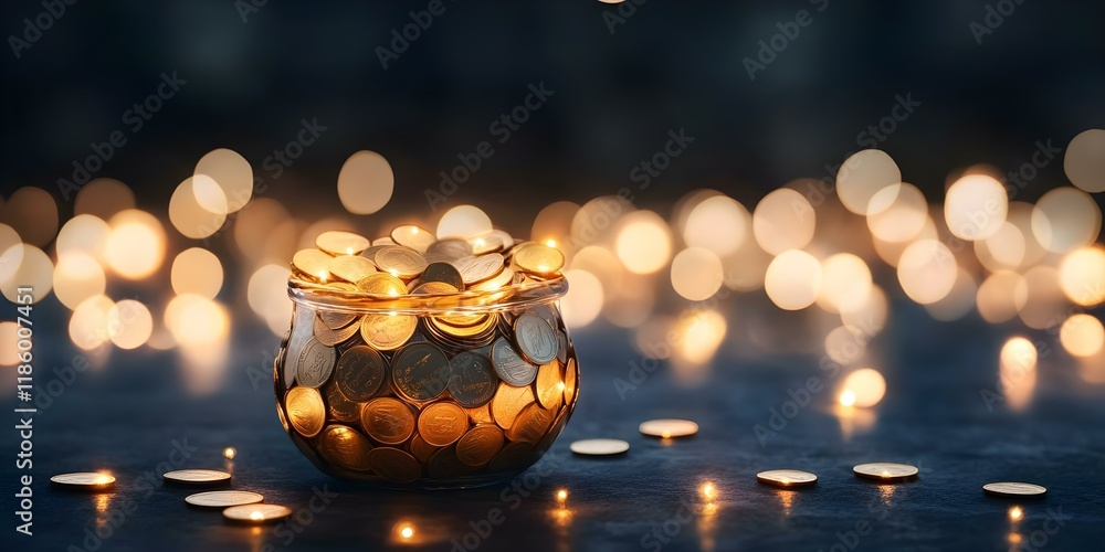 Poster a glass jar filled with coins, surrounded by soft bokeh lights creating a warm, inviting atmosphere.