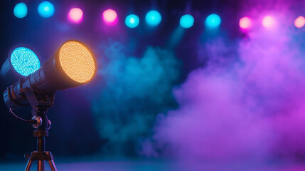 Obraz premium Stage lights with smoke. Modern. Concert, event, performance. Design, poster. View: low angle, close-up. Place for text.