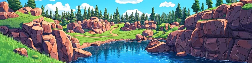 Serene Lakeside Landscape Cartoon Style Rocky Shore Green Grass Pine Forest Panorama