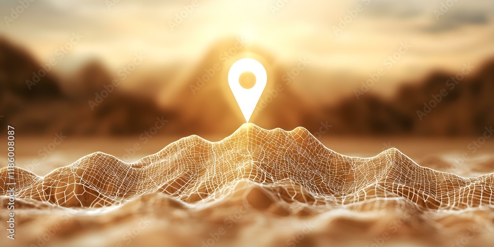 Poster a stylized 3d landscape with a glowing location pin at the peak, emphasizing navigation and mapping 