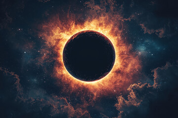 Obraz premium Cosmic Inferno: Fiery ring encircles dark planet amidst star-dusted nebula.