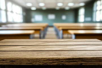 Wooden table classroom; empty desks, education, background