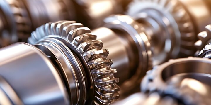 A close-up of metallic gears and mechanical components, showcasing their intricate details and metallic sheen. Concept Mechanical Close-Up, Intricate Gear Design, Metallic Sheen