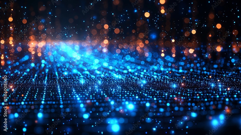 Poster a dynamic visual depiction of blue squares and luminous particles against a dark setting, producing 