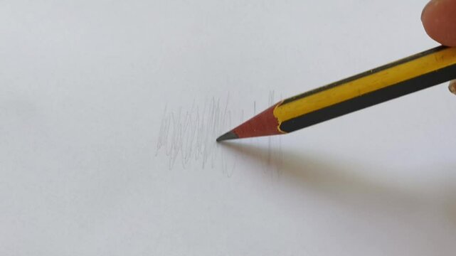 Artist hand holding wooden pencil with sharp graphite tip and drawing line on white canvas paper. Closeup macro side view. Creative education concept.