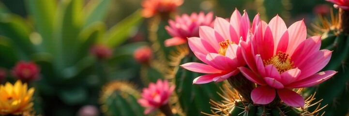 Pink and red lobivia hybrid cactus flowers blooming in tropical garden, cactus, red, yellow