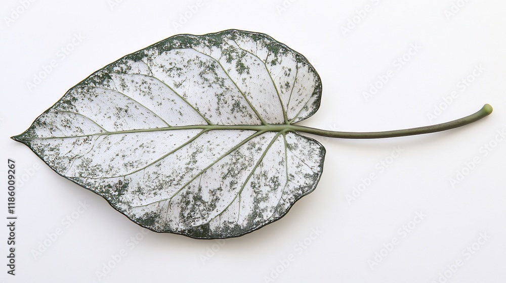 Poster a large, variegated leaf with a unique pattern and shape, resting on a white background.