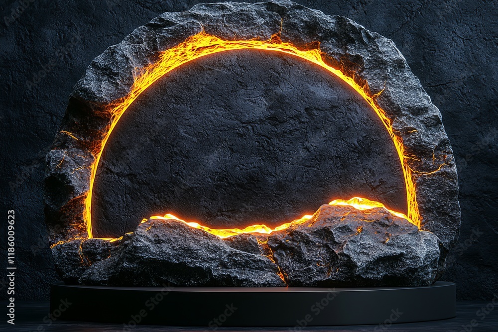 Poster a volcanic sphere erupts in a laboratory setting, creating a futuristic display through 3d rendering