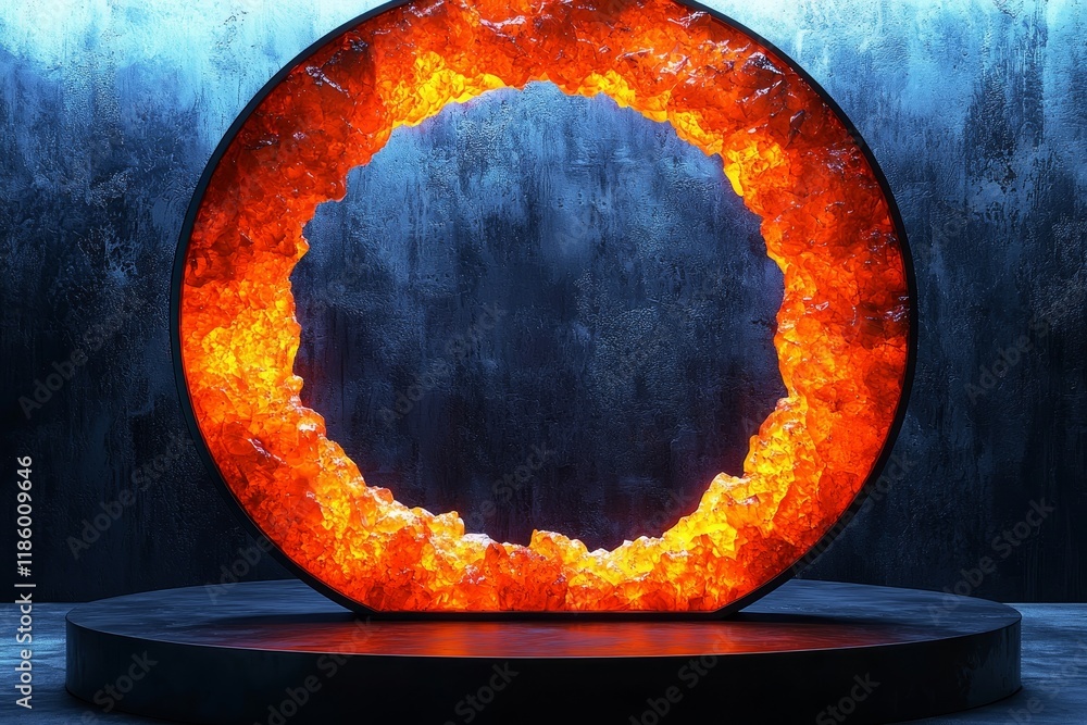 Poster a laboratory features a futuristic display of a volcanic sphere erupting, enhanced by 3d rendering a
