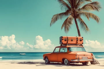 Gordijnen Vintage car, luggage, tropical beach, vacation © hit.std