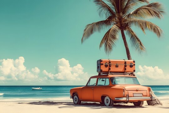 Fototapeta Vintage car, luggage, tropical beach, vacation