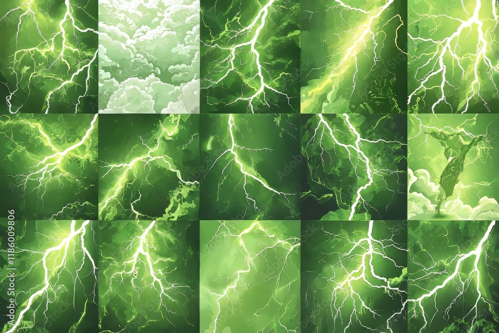 Poster a collection of green lightning bolt graphics for design use