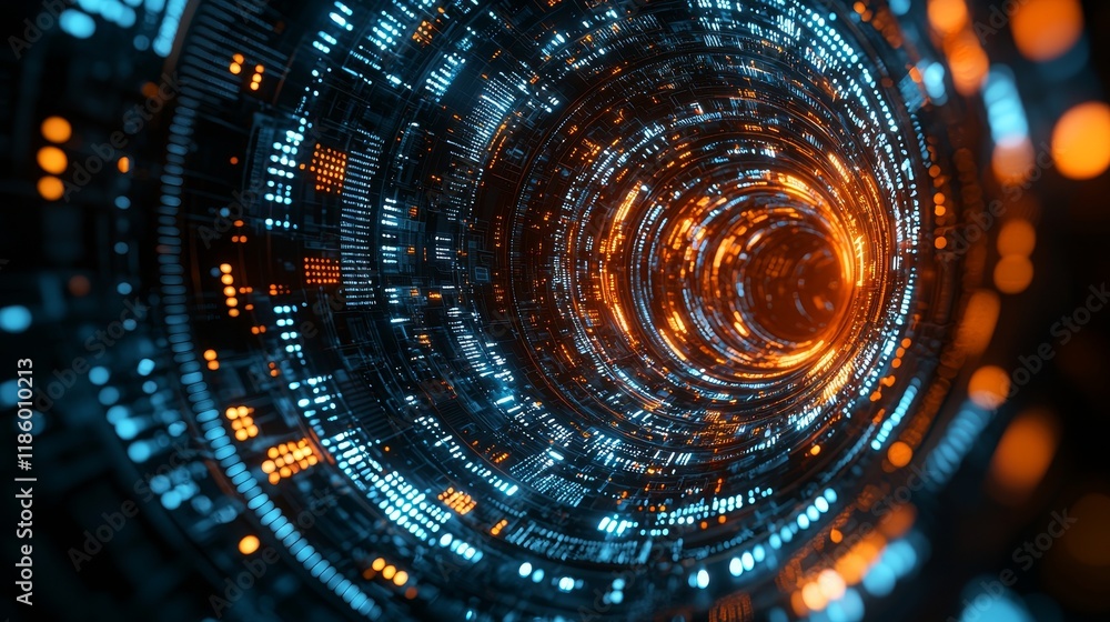 Poster in the digital space, dynamic light patterns create a mesmerizing visual experience through abstract