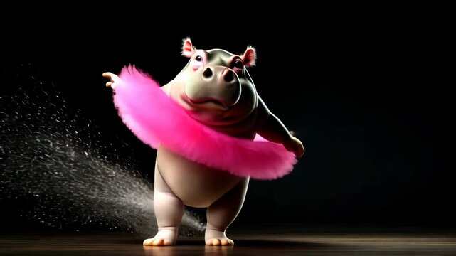 Pink and black picture of a hippo in a pink tutu. The image is of a cartoon hippo dancing in a tutu